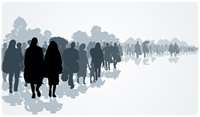Silhouettes of refugees people searching new homes or life due to persecution.