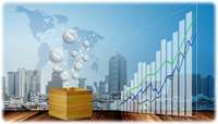 Bubbles of money and growth graph with cityscape background.